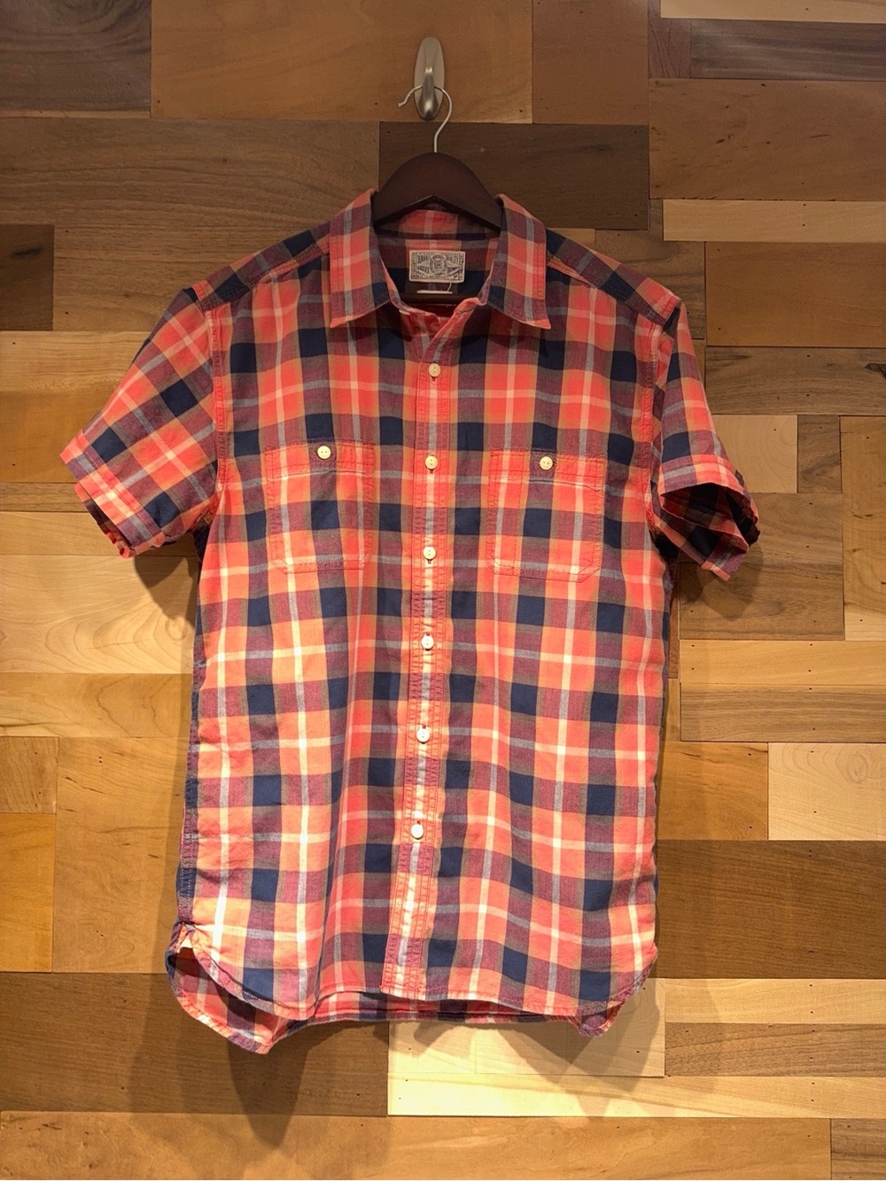 Lucky Brand Coral and Navy Plaid Short Sleeve Button-Down
